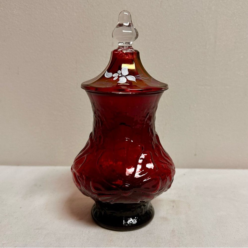 Vintage Ruby Red Glass Apothecary Jar Candy Jar with Lid Handpainted Florals